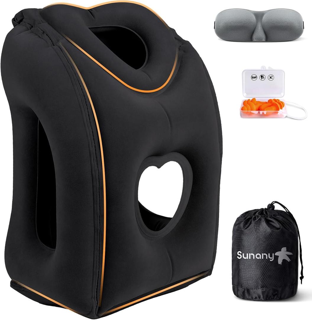 Sunany Travel Pillow, Upgraded Plane Pillow for Long Flights, Inflatable Neck Pillow Used for Airplanes, Cars, Buses, Trains, Office Napping with Eye Mask, Earplugs (Black) (Medium, Black (Head Heart-shape & sloping Base))