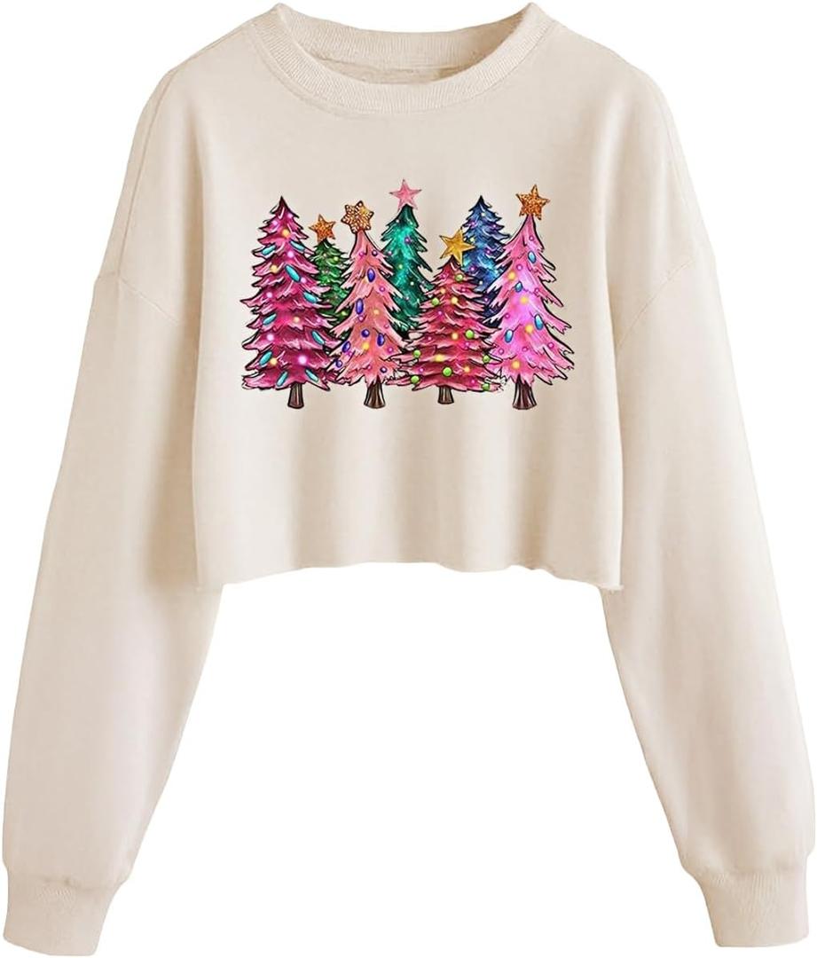 ZKDOO Women Christmas Tree Crop Sweatshirt Funny Xmas Graphic Lantern Long Sleeve Pullover Winter Holiday Family Matching Top (Small)