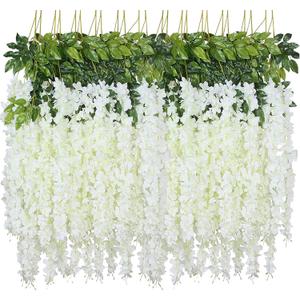 WEISPARK Fake Hanging Flowers - 24 Pieces 3.75 Feet/Piece Artificial Wisteria Vine Ratta Hanging Garland Silk Flowers for Home Party Wedding Decor (White-24pcs)