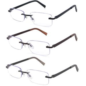 3 Pack Rimless Reading Glasses for Men Blue Light Blocking Readers Spring Hinge Metal Arms Sturdy Stylish Computer Glasses +3.5