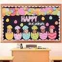 FunooFuno 89 Pcs Easter Egg Bulletin Board Decorations Set Spring Bulletin Board Decorations for Classroom Happy Easter DIY Photo Backdrop Cutouts with Glue Point for Classroom Wall Office Decor