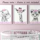 Safari Animals Baby Girls Nursery Set of 3 Unframed Wall Art Prints, Gray Baby Animals with Pink Flowers, Child Bedroom Nursery Decor Posters, Giraffe Elephant Lion (8x10)