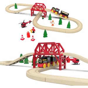 41-Piece Joy Forest Wooden Track Set with Electric Train for Toddlers & Preschoolers Aged 3 and up  Motorized Railway Engine, Bridge & Helicopter | Compatible with Brio & Thomas