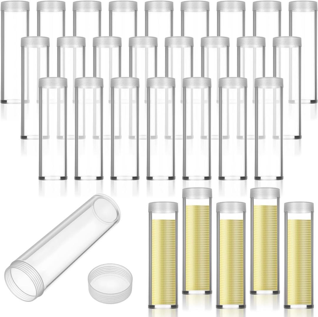 30 Pieces Plastic Coin Tubes, Penny Coin Storage Tube Clear Round Penny Holders Organizer Container with Screw on Lid for Coins Collection Supplies