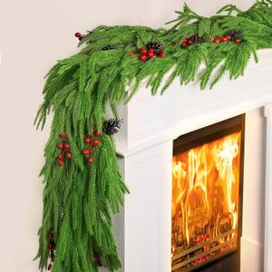 6 FT Christmas Norfolk Pine Garland Real Touch Artificial Greenery Garland Faux Pine Garlands for Mantel Fireplace Table Stairs Indoor Outdoor Christmas Decor, Bonus Gold Ribbon with LED Lights