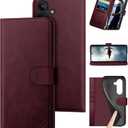 DuckSky Compatible with Samsung Galaxy S25 Plus Genuine Leather Wallet Case RFID Blocking4 Credit Card HolderReal Leather Flip Folio Book Phone Case Cover Women Men for S25 Plus Case Wine Red