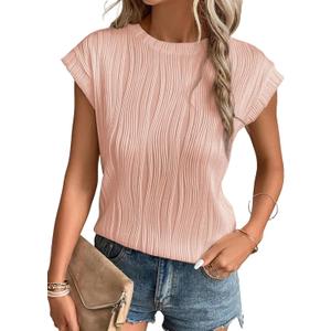 EVALESS Womens Short Sleeve Textured Tops Crewneck Knit Solid Loose Casual Basic T Shirts Tee Blouses (Pink, XL)