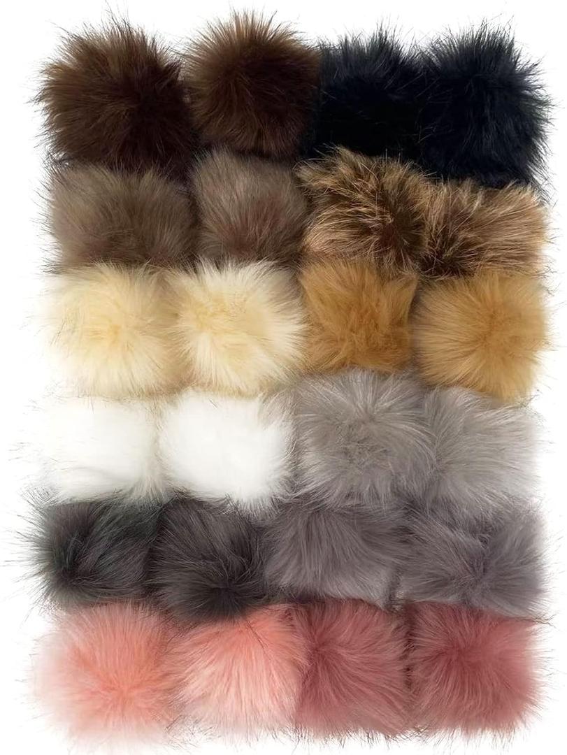Lusy DM 24 Pieces Faux Fur Pom Pom Faux Fox Fur Pom Pom 4 Inches Fluffy Pom Balls with Elastic Loop for Hats Scarves Shoes Bags Keychains (12 Colors, 2 Pcs Per Color)