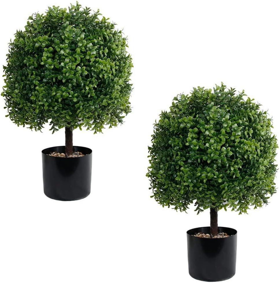 Artificial Boxwood Plants Outdoor Faux Topiaries Ball Trees Set of 2 for Front Porch Decor(22" T,13" D)- 4 Layers Leaf Fake Shrubs Potted for Indoor Home Office Decor UV Resistant