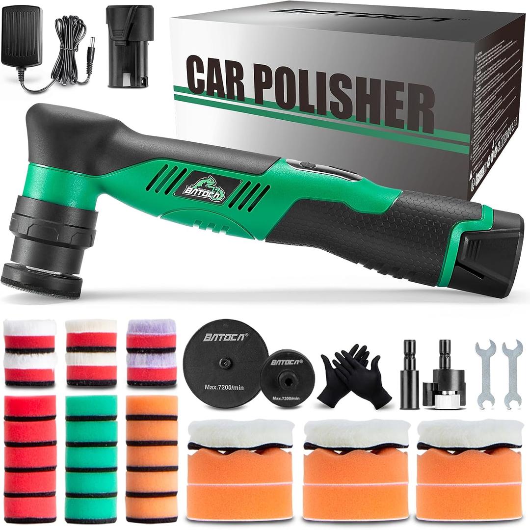 BATOCA S5 Cordless Mini Car Polisher Buffer Machine Dual Action & Rotary Mini Polishing Machine 1x 12V 2A Battery with 1inch 3inch Polishing Pads Kit for Car Motorcycle Deatiling Polish Buffing Clean