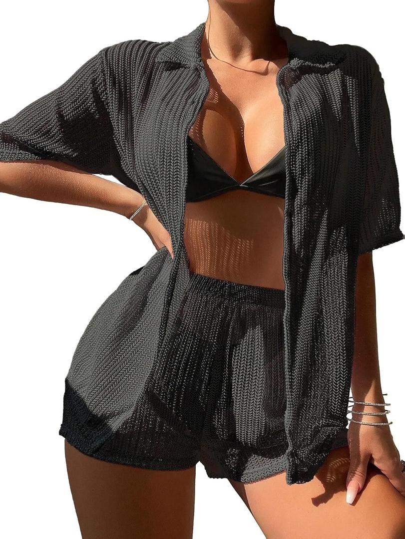 SKAYS Summer 2 Piece Beach Cover Ups for Women Crochet Swimsuit Coverup Cardigan and Short Pant Set (Black, L)