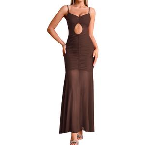 EYNMIN Spaghetti Strap Maxi Dress V Neck Cut Out Ruched Bodycon Mesh Long Formal Wedding Guest Dresses for Women (Brown, M)