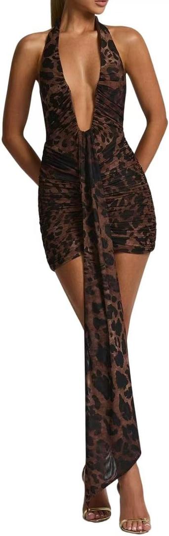 HNMYCY Women's Sexy Halter Bodycon Mini Dress Ruched Deep V Neck Backless Going Out Dresses Leopard S