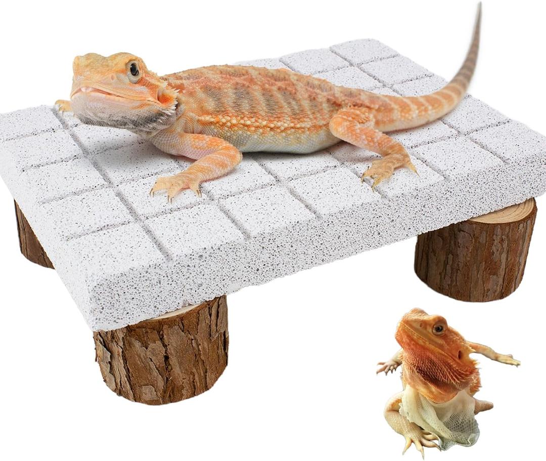 Bearded Dragon Shedding Rock, Bearded Dragon Pumice Stone Platform for Shedding, Calcium Stone with Wooden Pile, Reptiles Claw Grinding Block to Remove Dead Skin, Reptile Tank Care Accessories