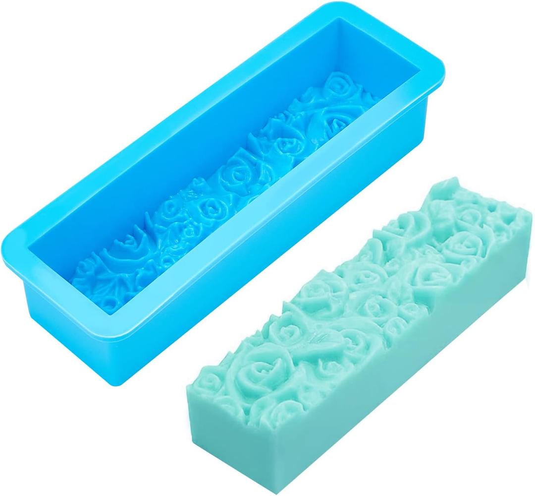 PH PandaHall Rose Loaf Mold, 22oz Flower Silicone Soap Molds 3D Embossed Crafts Mold Rectangle Resin Casting Molds for Handmade UV Resin Soap Candle Fondant Chocolate, 9.8x3.2x2.1inch 650ml (Blue)