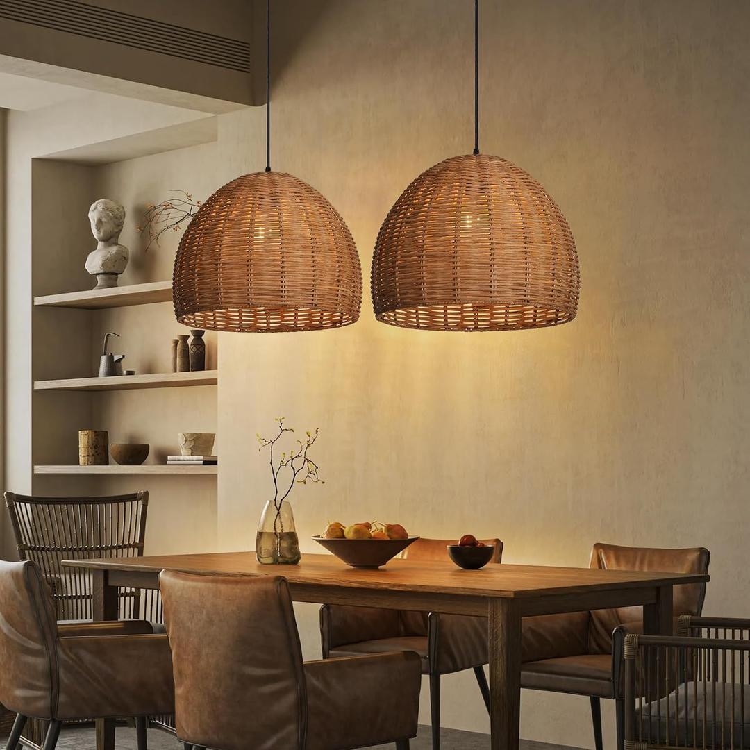 Arturesthome 1 Light Hand Woven Rattan Pendant Lighting Fixture,Boho Weaving Natural Ceiling Hanging Light, Farmhouse Coastal Chandelier for Kitchen Island, Living Room, Dining Room 