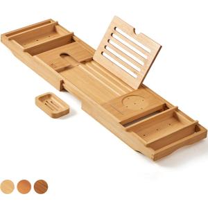 XcE Bathtub Caddy Tray Expandable to 105cm with Bamboo Book Stand and Soap Tray, Natural