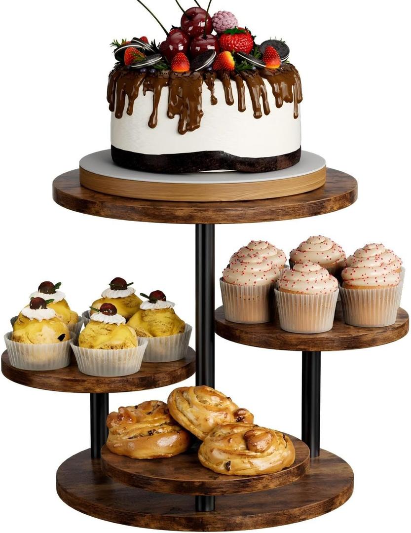 Cupcake Stands for 50 Cupcakes 4 Tier Wooden Cake Holder 360°Rotatable Dessert Stands Round Tiered Tray Stand for Party Birthday Wedding Baby shower Afternoon Tea Dessert Table, Vintage Brown
