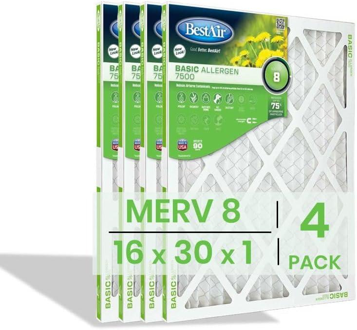 BestAir 16x30x1 Air Filter (4-Pack) | MERV 8 Basic Allergen 7500 HVAC AC Furnace Filter | Replacement Air Filter for Residential & Commercial Use | Made in USA | Actual Size (15.75 x 29.75 x 0.75)