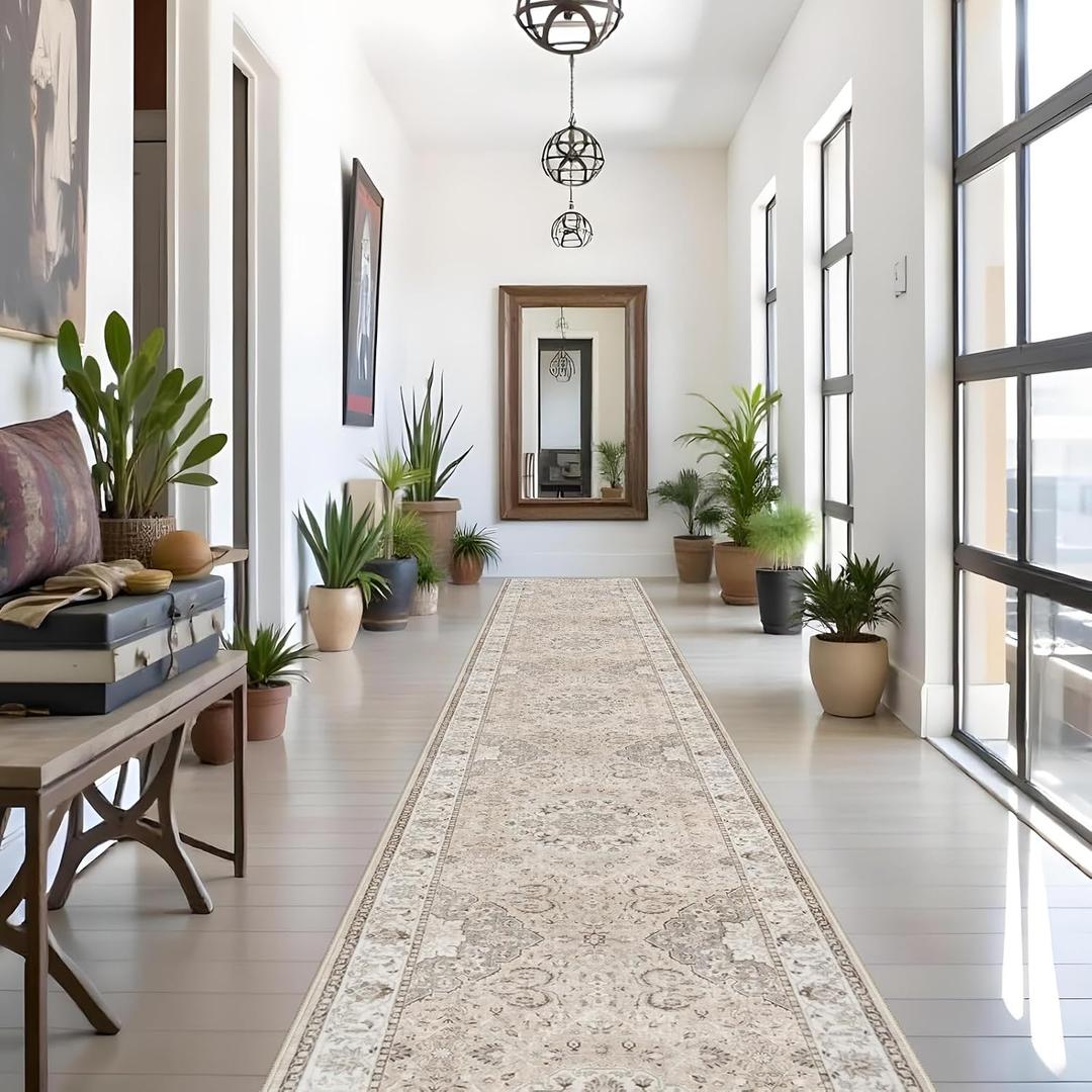 Hallway Washable Runner Rug - 3x16 Kitchen Rugs Entryway Rug Runner Vintage Soft Floor Mat Non Slip Indoor Farmhouse Carpet for Bathroom Living Room Bedroom (3 X 16, Beige)