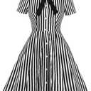 IDOPIP Women Black Striped Halloween Cosplay Costume Dress Elegant Tie Neck Midi Dress 1950s Vintage Cocktail Shirt Dress (XX-Large, Black and White)