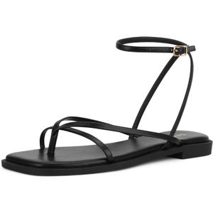 Womens Flats Sandals Square Toe Strappy Ankle Strap Flats, 6