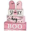 Lineshading 4 Pcs Pink Halloween Decor Ghost Table Decorations Halloween Tiered Tray Decor Farmhouse Ghost Tabletop Centerpiece Rustic Pink Block Sign Gift for Home Kitchen Shelf Office Mantel