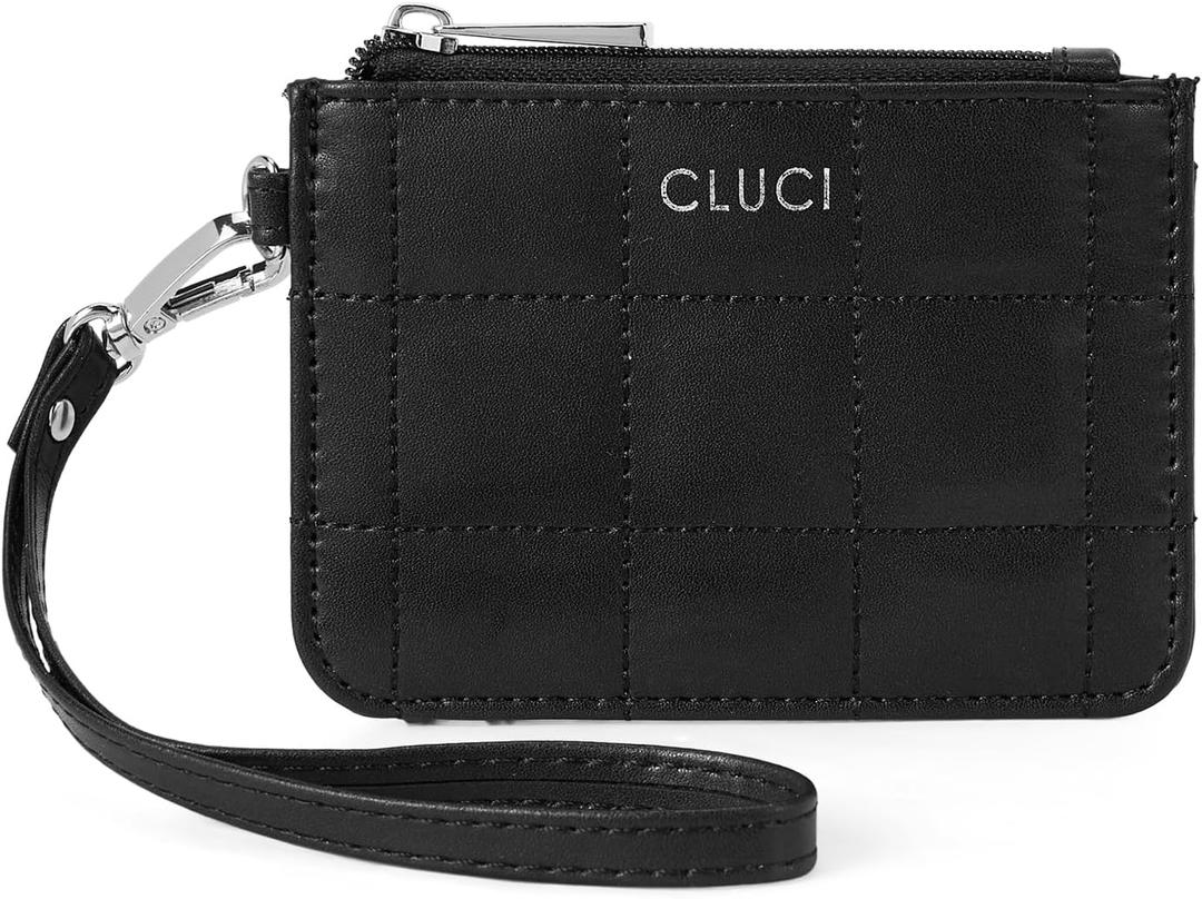 CLUCI Small Quilted Coin Purse Leather RFID Blocking Card Holder Slim Wristlet Wallets for Women Zipper Pocket Black