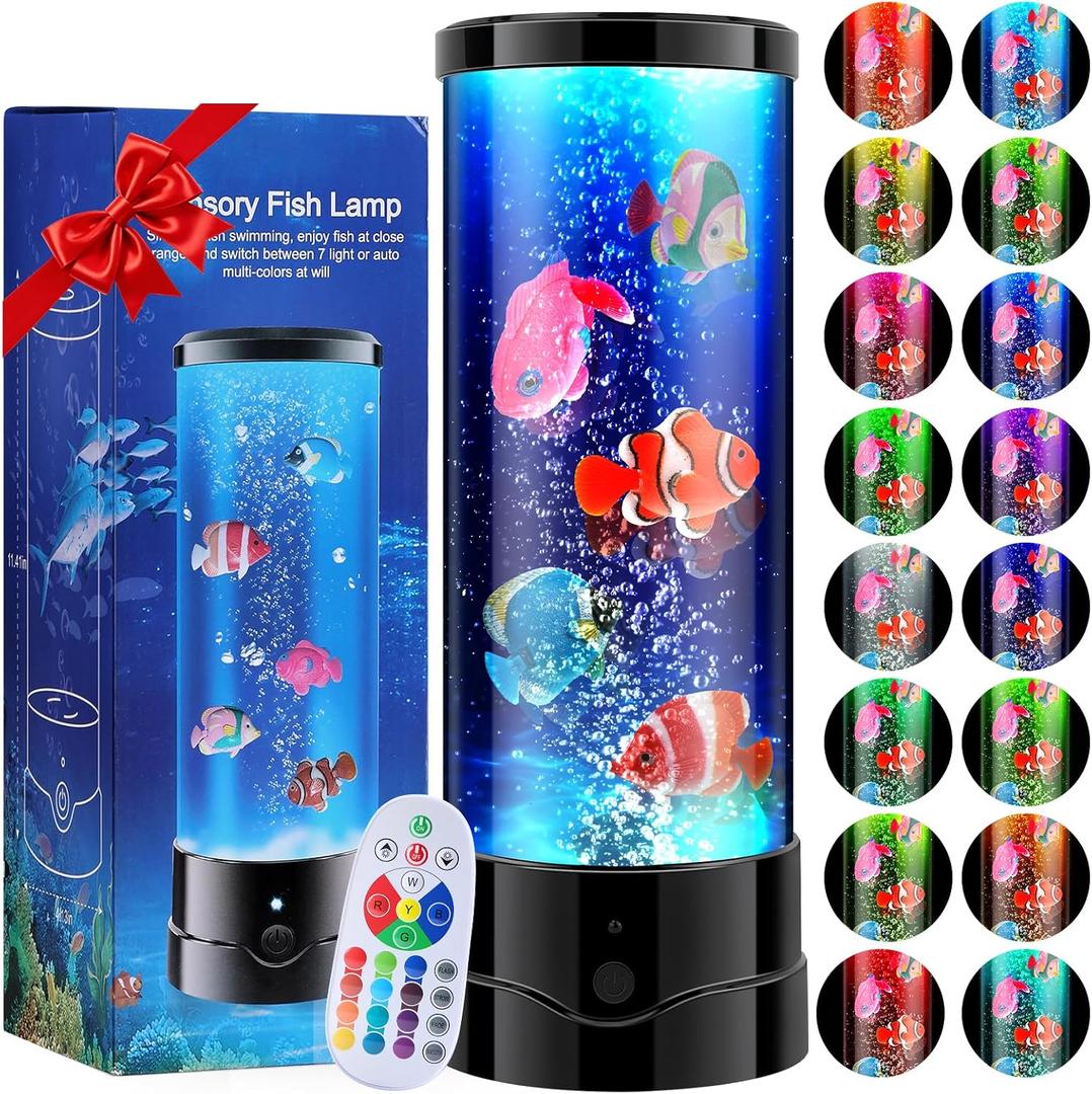 LED Aquarium Bubble Fish Tank Table Lamp, Birthday Christmas Gifts for Adults Kids Teens, Relaxing 16 Color Remote Fake Fish Sensory Night Light for Kids' Room Bedroom Home Decor, Stress Relief