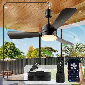 Ceiling Fans with Lights, 28" LED Fan Light Hanging with Hook, Hook Type Ceiling Fan, Plug in Ceiling Fan Light, 35W, 3000-6500k, Remote Control, Portable Fan for Camping Bed, Patios, (Black)