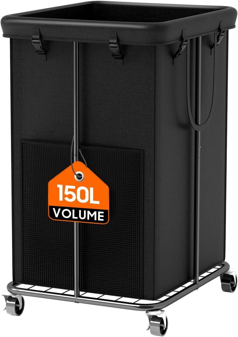 150L Large Laundry Basket with Wheels, Rolling Laundry Hamper with Removable Laundry Bag & Metal Frame, Oxford Fabric Dirty Clothes Hampers for Bedroom, Laundry Room, Bathroom, Dorm(Black)