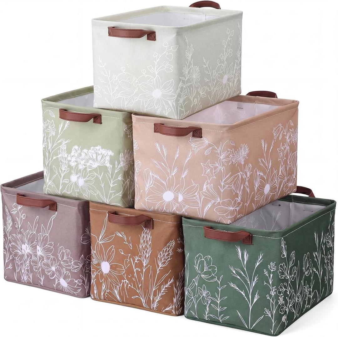 Fourluoo 6 Pack Floral Storage Basket with Handles Clothes Storage Basket Bin Foldable Box Bins Organizer for Closet Shelf Nursery Kid Room Book Toy Chest(6,Flower Line Drawing)
