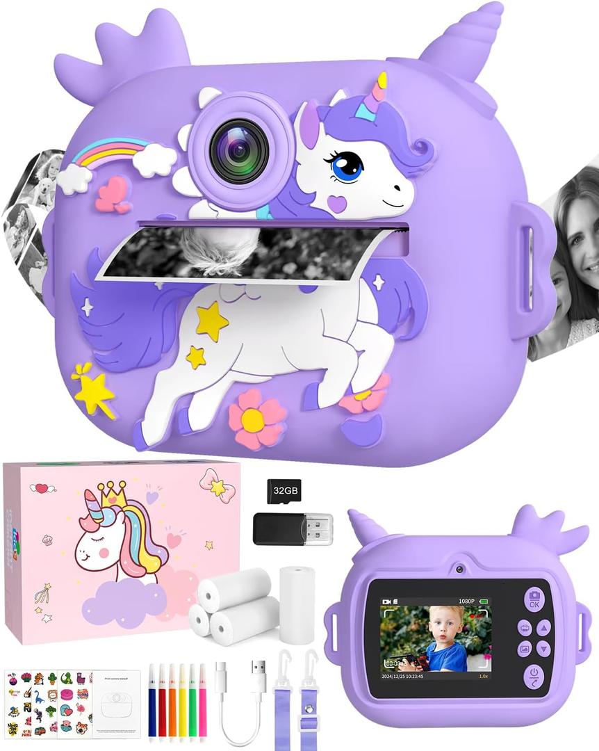 OZMI Kids Camera Instant Print, 1080P 48MP Instant Print Camera for Girls Boys Toddler with Print Paper & 32G Card, Christmas Birthday Gift Toys for Age 3 4 5 6 7 8 9 10 11 12 Years Old Girls Boys (Purple)