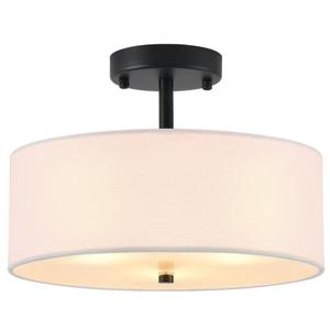 12 Inch Drum Black Semi Flush Mount Close to 3 Light Ceiling Light Fixture,Linen Fabric Shade for Bedroom,Living Room,Dining Room Hallway