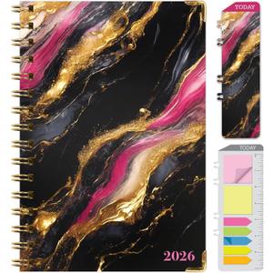 HARDCOVER 2026 Planner, 5.5"x8": 14 Months (November 2025 - December 2026), Daily Weekly Monthly Planner, Yearly Agenda, Bookmark, Pocket Folder and Sticky Note Set (Dark Gold Marble)