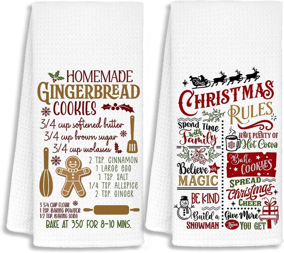 Christmas Gingerbread Baking Kitchen Towels, Christmas Dish Tea Towels for Baking, Gingerbread Xmas Winter Holiday Decorative Hand Towels for Kitchen Decor, Baker Gifts, 16x24 Inch Set of 2
