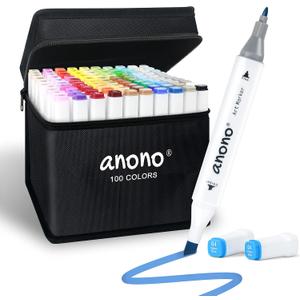 anono 100 Colors Alcohol Markers Set, Coloring Markers with Chisel and Fine Tips, Includes Carrying Case, Suitable for Book Painting and Coloring, White Barrel