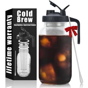 Cold Brew Mason Coffee Maker - 64oz Iced Coffee Pitcher with Stainless Steel Mixing Spoon & Super Dense Filter 3 Steps Finish Cold Brew Coffee, Classic BPA Free Sturdy Mason jar Pitcher Easy to Clean (Black)