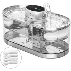 Cat Water Fountain Cordless, 108oz/3.2L Cengcen Wireless Pet Water Fountains Battery Operated 5000mAh, Chew-Proof Charging Cable with Adapter, Stainless Steel Transparent, Premium Edition (CrystalElite Clear)