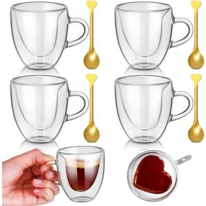 Nuogo 4 Pack Heart Shaped Double Walled Glass Coffee Cups and 4 Pack Teaspoons Set Clear Mugs 2.8oz/80ml Heart Insulated with Handle for Milk Tea Juice Coffee Valentines Wedding Couples
