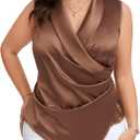 OYOANGLE Women's Plus Size Satin Wrap V Neck Sleeveless Blouse Asymmetrical Hem Elegant Work Office Tank Tops (Brown), Large Plus