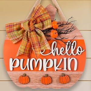 Christmas Wreath Sign for Front Door, 12 Inch Merry Christmas Welcome Hanging Decor with Bow, Rustic Farmhouse Holiday Door Hanger for Porch, Wall, Indoor Outdoor (Color-Pumpkin-D)