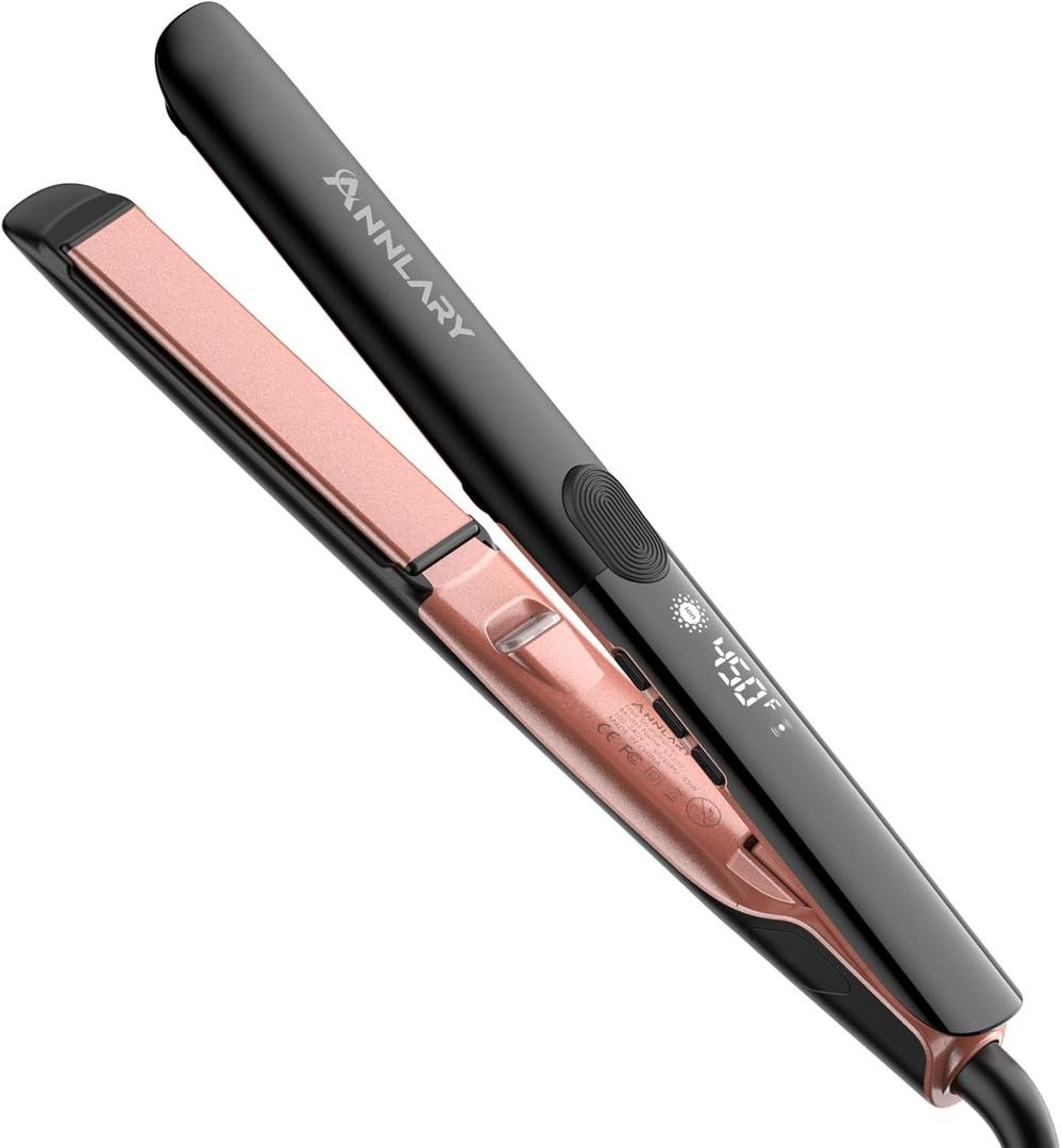 Annlary Hair Straightener 1 Inch Flat Iron and Curler 2 in 1 Titanium Ceramic Ionic Dual Voltage Straightener with Heat-Resistant Silicone, for Less Frizz, Shinier & Smoother Black/Rose Gold
