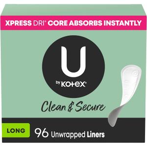 U by Kotex Panty Liners, Clean & Secure, Light Absorbency, Long Length, 96 Count 