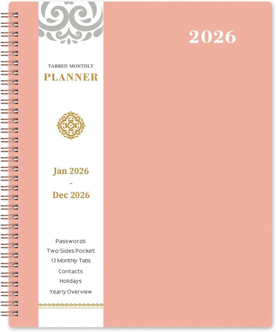 2 x 2026 Monthly Planner - Monthly Planner 2026, Jan. 2026 - Dec. 2026, 9" x 11", 12-Month Planner, Tabs & Pocket, Twin-Wire Binding - Rosy Pink