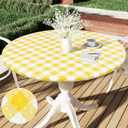 Smiry Round Picnic Tablecloth, Elastic Waterproof Fitted Vinyl Tablecloths for 36"-44" Tables, Flannel Backed Buffalo Plaid Table Cover for Dining, Camping, Outdoor, White and Yellow