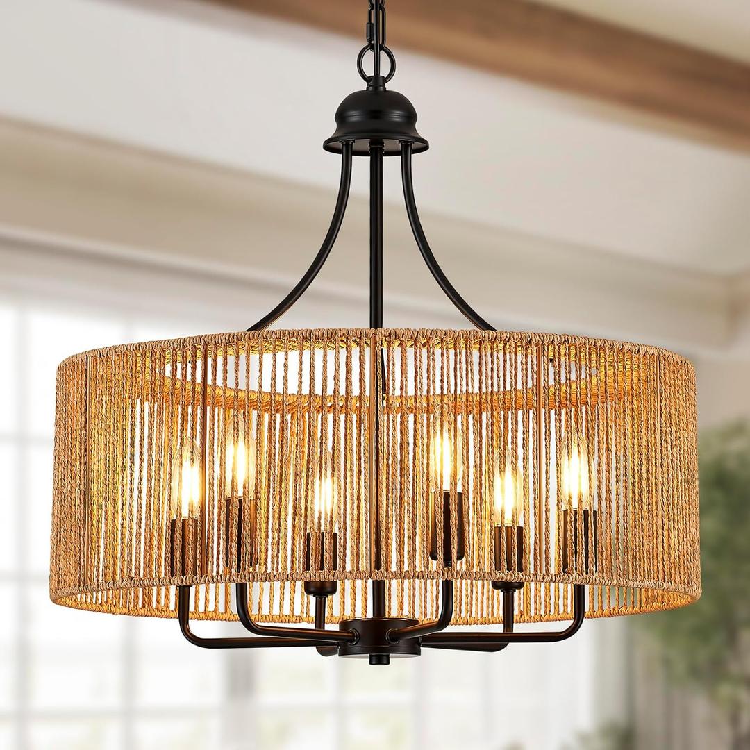 21.8" Black Rattan Chandelier, 6-Light Wicker Drum Light Fixture, Large