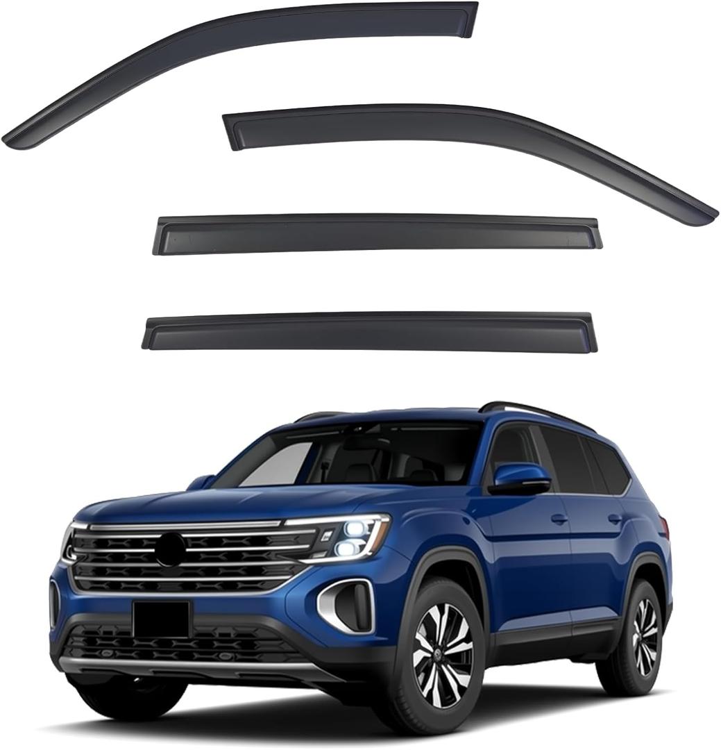 Window Visors Rain Guards Compatible with 2018-2026 Volkswagen (VW) Atlas, Out-Channel Side Window Wind Deflectors Vent Shades Accessories, Dark Smoke 4 Pcs, 2019 2020 2021 2022 2023 2024 2025