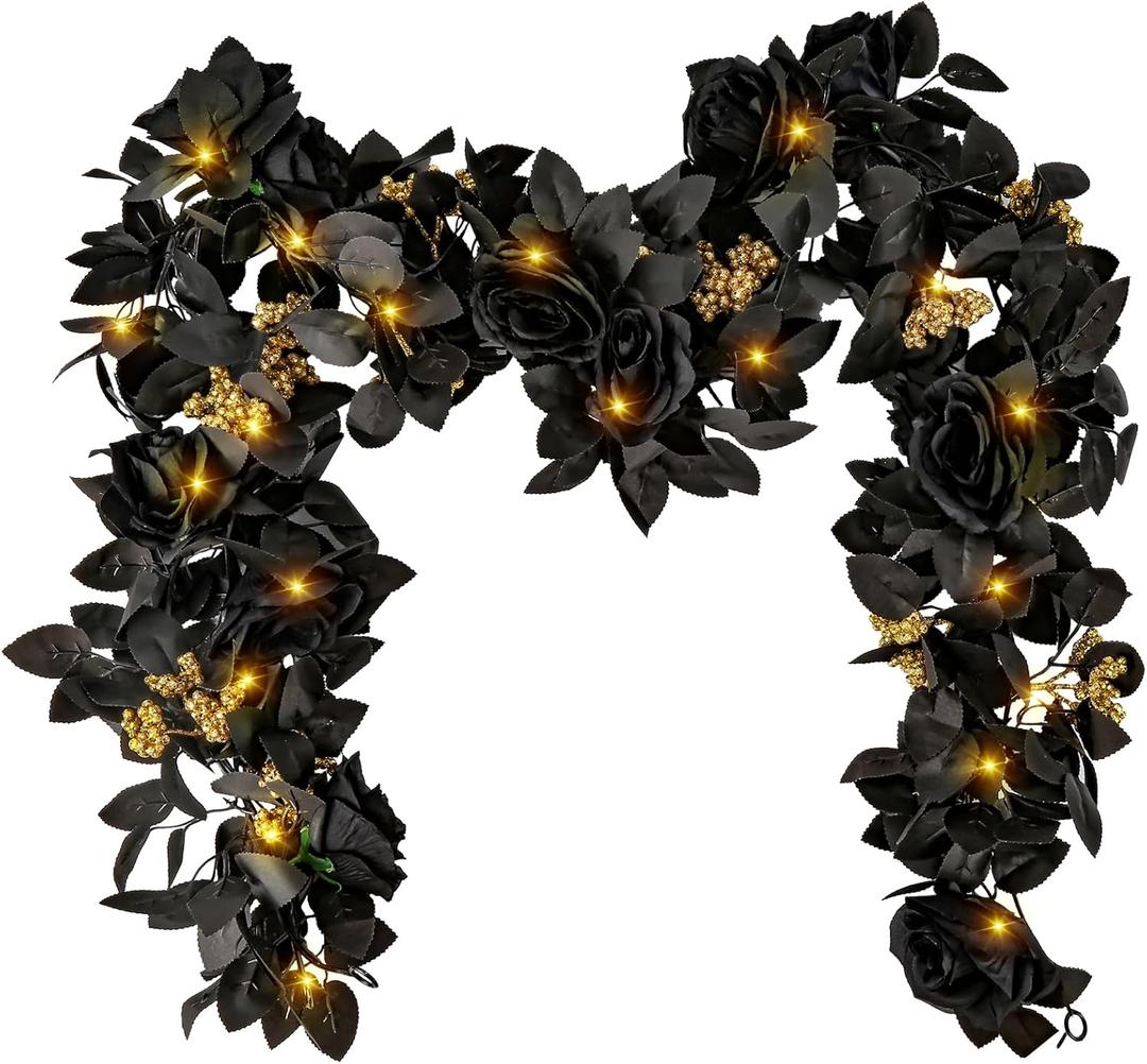 2pcs Halloween Garland with Lights 5.5Ft Black Garland with Artificial Rose Artificial Hanging Fall Leave Vines for Halloween Porch Fall Thanksgiving Table Decor (Black Rose)