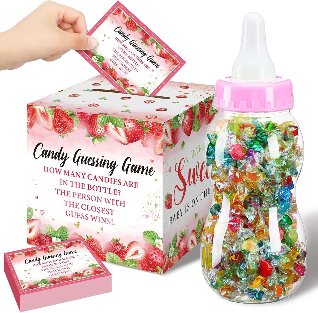 Glenmal 52 Pcs Baby Shower Games Gift Sets Large Baby Bottle for Shower Game Guess How Many Candies Decorations for Gender Reveal(Strawberry)